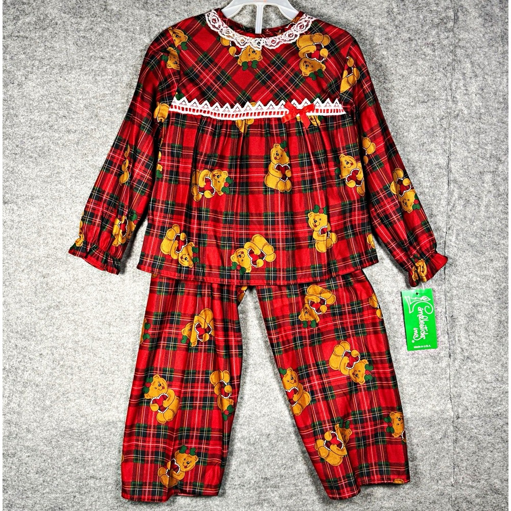 Vintage 80s Candlesticks Girls Size 6 Christmas Pajamas NWT Teddy Bear Plaid USA